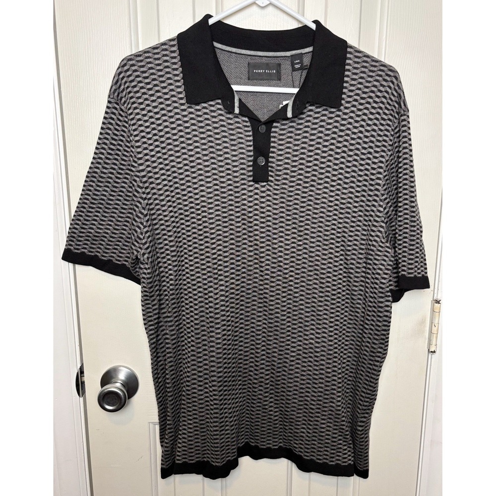 Perry Ellis Polo Shirt Men's Size L Black Gray Casual Short Sleeve Lightweight